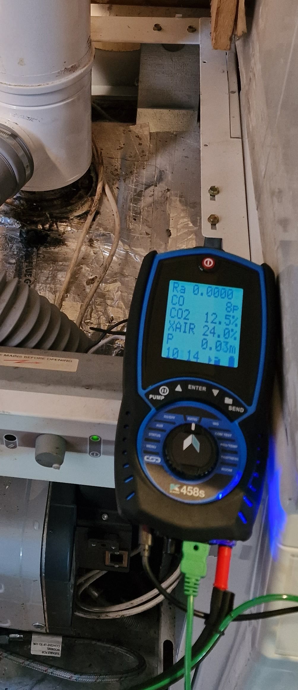 Combustion analyser reading taken while testing a repaired Firebird oil boiler in Escrick