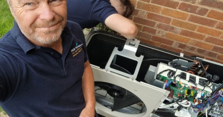 Heat Pump Servicing Yorkshire. PCR Plumbers team servicing a heat pump in a residential Yorkshire home