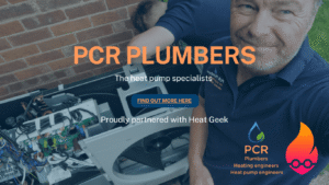 Two Heat Geek Heat Pump engineers servicing the company's Heat Geek Heat Pump installation from the previous year, performing maintenance in a residential setting.